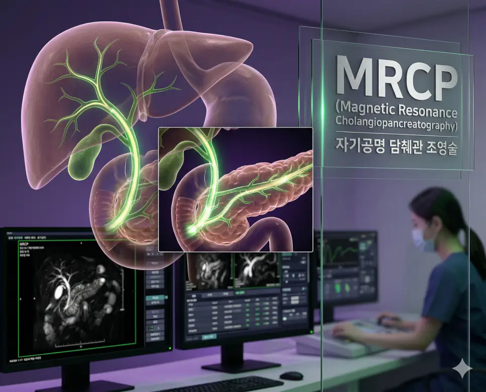 의학용어 MRCP(자기공명 담췌관 조영술) 검사를 통해 조영제 주입이나 내시경 삽입 없이 자기공명영상을 활용하여 담관과 췌관의 해부학적 구조와 체액 흐름을 비침습적으로 관찰하는 이미지