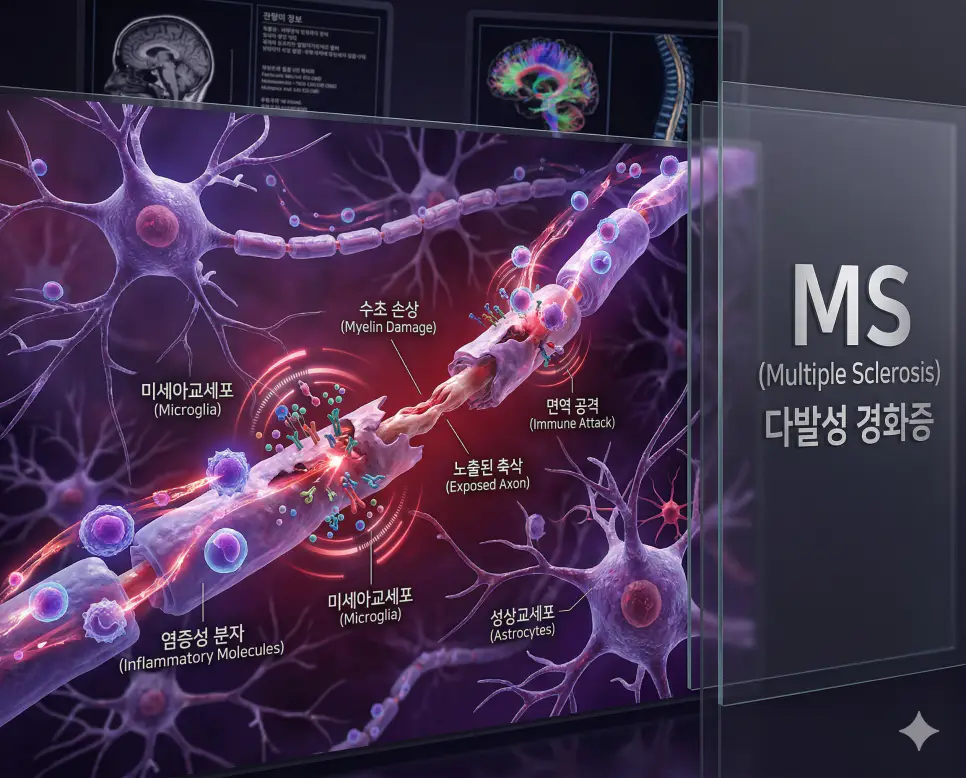 의학용어 MRI, MS, MSSA 완벽 가이드 2 의학용어 MS(다발성 경화증)로 인해 중추신경계 신경세포의 수초가 자가면역 공격으로 파괴되고 신경학적 장애를 유발하는 병태생리 기전 시각화 이미지