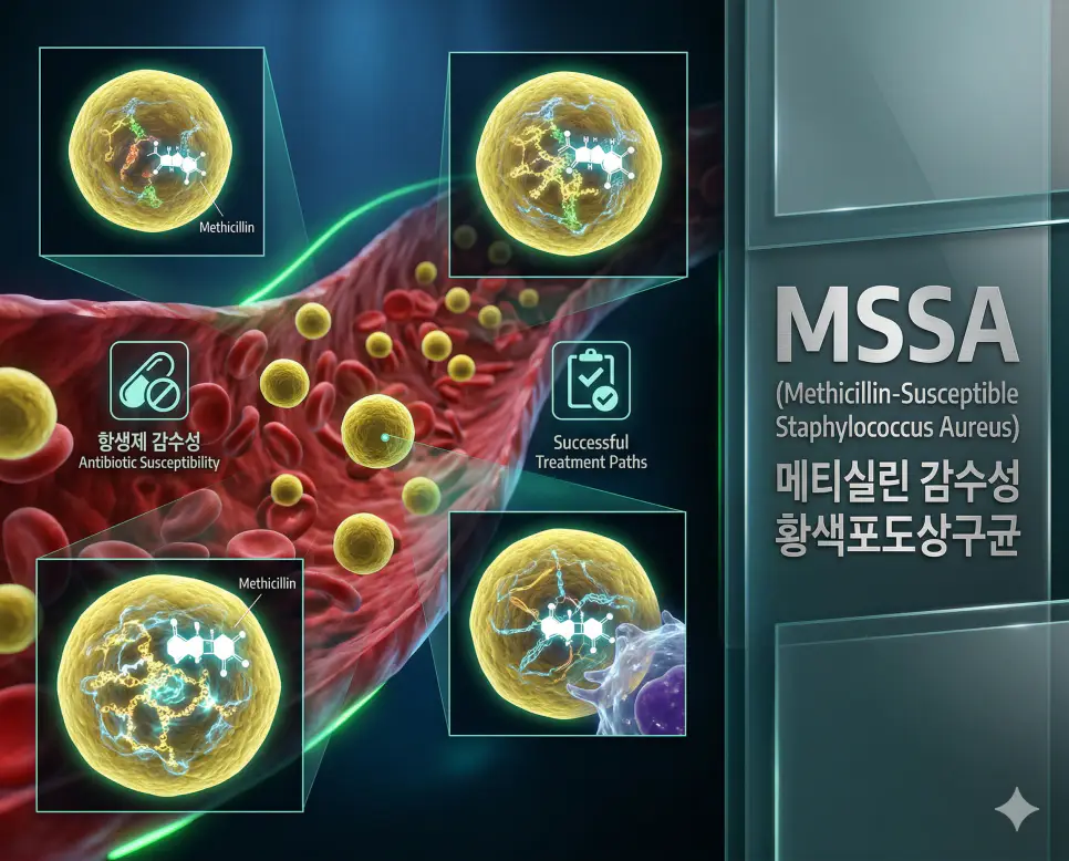 의학용어 MRI, MS, MSSA 완벽 가이드 3 의학용어 MSSA(메티실린 감수성 황색포도상구균)가 일반 항생제에 사멸되는 과정을 미세하게 관찰하여 항생제 감수성과 성공적인 치료 경로를 보여주는 이미지