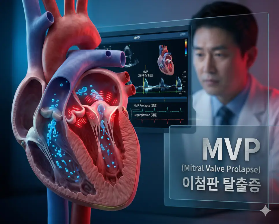 의학용어 MVP, NA, NAAT 완벽 가이드 1 의학용어 MVP(이첨판 탈출증) 검사를 통해 심장의 좌심실과 좌심방 사이 판막이 제대로 닫히지 않고 위로 볼록하게 밀려 올라가며 혈액 역류가 발생하는 병태생리 기전 시각화 이미지