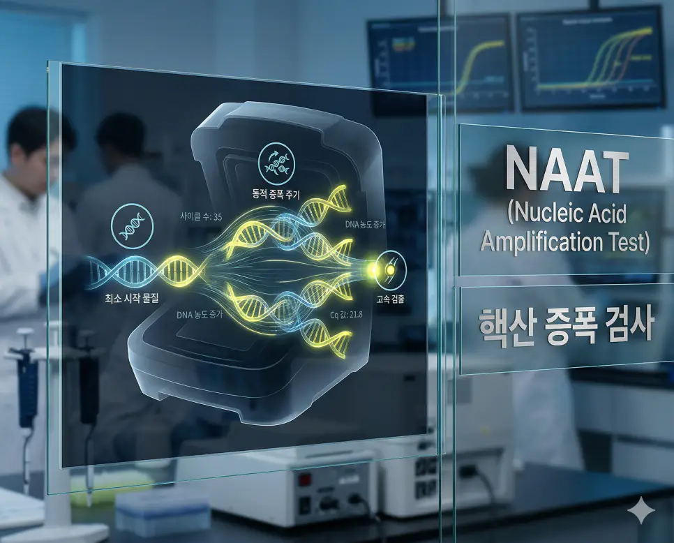 의학용어 MVP, NA, NAAT 완벽 가이드 3 의학용어 NAAT(핵산 증폭 검사) 기전을 통해 극소량의 병원체 유전자를 유전자 증폭 장치(thermocycler)에서 복제하여 증폭시키고 신속하게 감염 유무를 진단하는 이미지