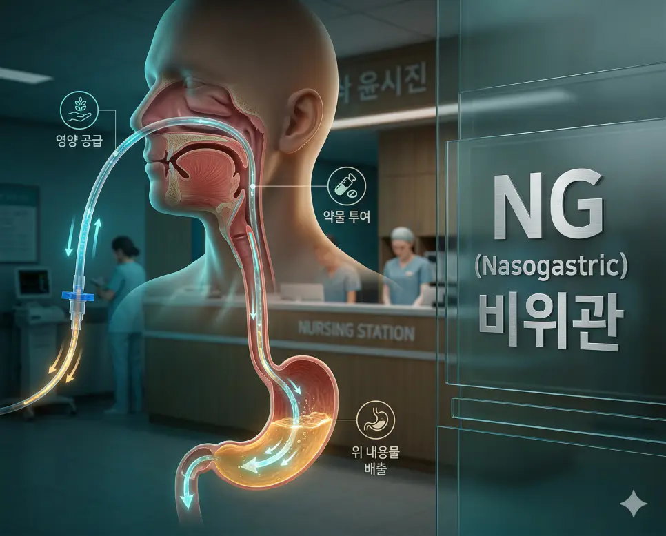 의학용어 NAD, NG, NIBP 완벽 가이드 2 의학용어 NG(비위관)를 코를 통해 위까지 정밀하게 삽입하여 영양액이나 약물을 공급하고 위 내용물을 배출시키는 해부학적 구조와 기전 시각화 이미지