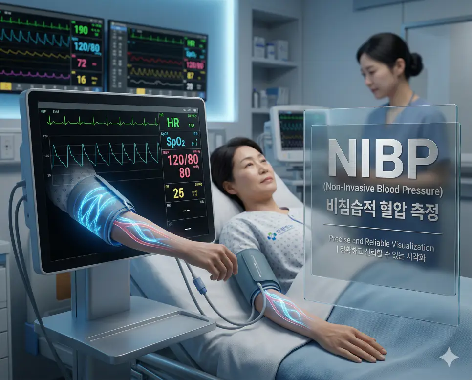 의학용어 NAD, NG, NIBP 완벽 가이드 3 의학용어 NIBP(비침습적 혈압 측정)를 위해 팔에 커프를 감고 혈압계 모니터를 통해 수축기 및 이완기 혈압 수치를 기계적으로 측정하는 과정을 보여주는 이미지