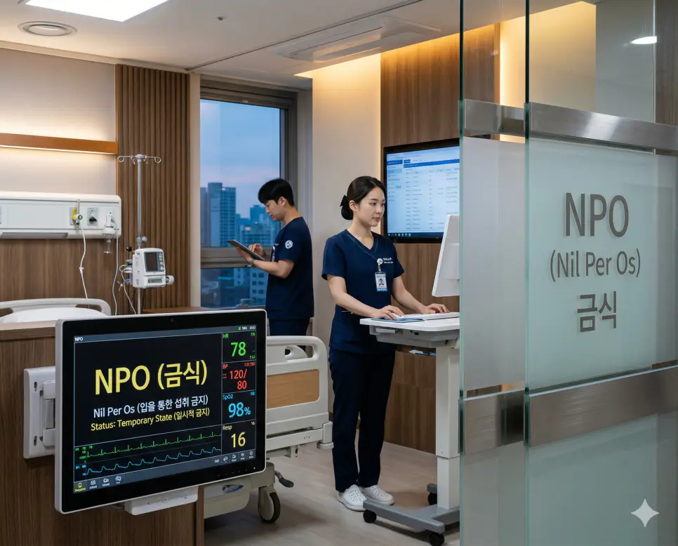 의학용어 NPO(금식)를 파악하기 위해 병원에서 의사가 환자의 차트를 확인하고 입을 통한 음식물이나 수분 섭취를 일시적으로 금지하는 상태를 기록하는 이미지