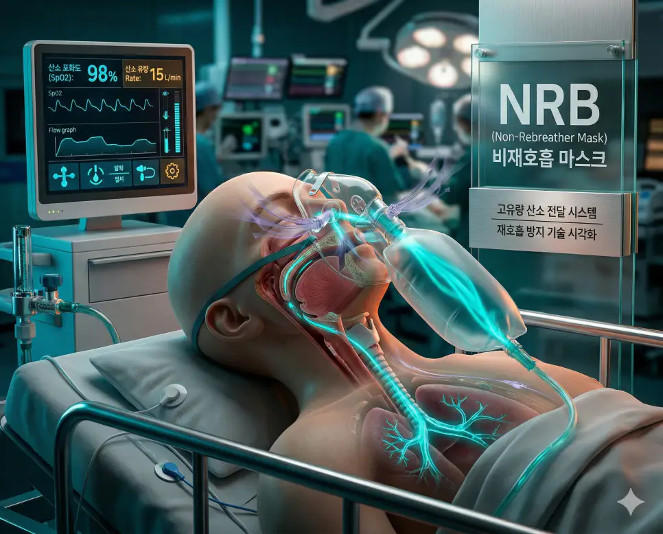 의학용어 NRB(비재호흡 마스크) 검사를 통해 고농도의 산소를 공급하기 위해 날숨이 다시 들어오지 않도록 판막이 달린 특수 마스크의 해부학적 구조와 기전 시각화 이미지
