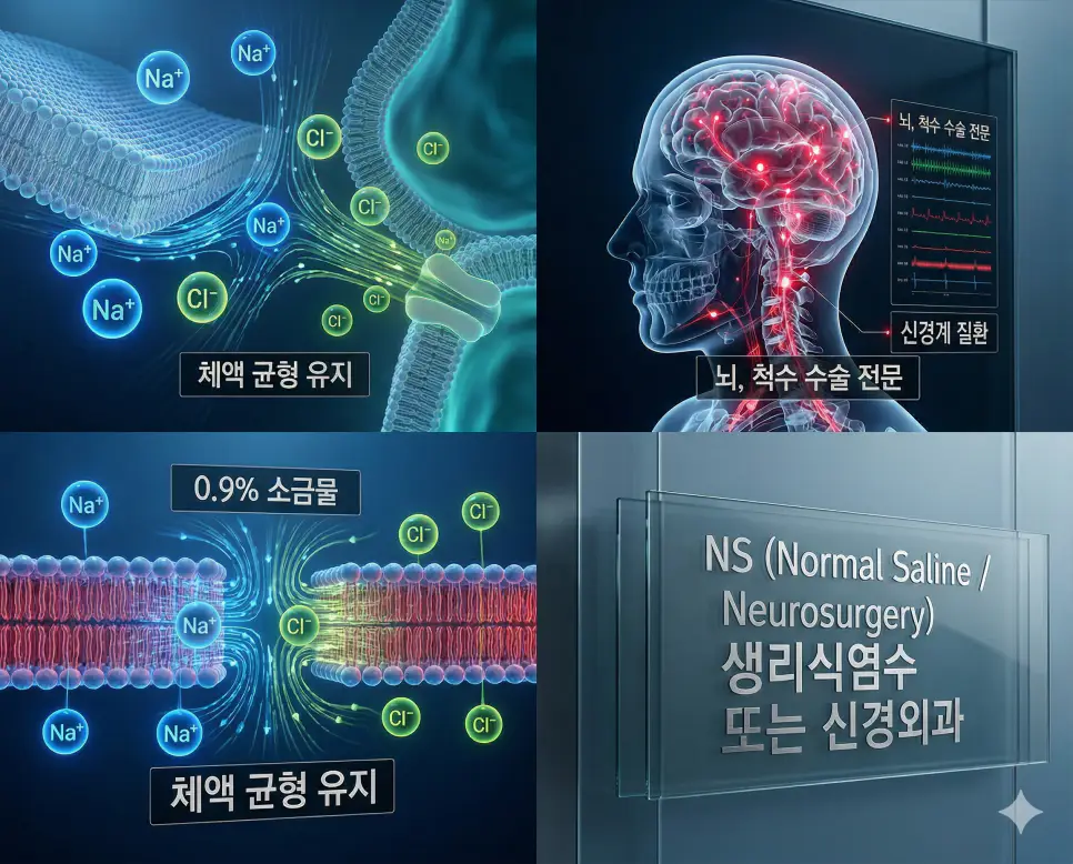 의학용어 NS(생리식염수 또는 신경외과)가 체내 체액과 농도가 같은 0.9% 소금물로서 체액 균형을 유지하는 기전(왼쪽)과 뇌, 척수 수술을 전문으로 하는 신경외과의 역할을 동시에 보여주는 병태생리 이미지