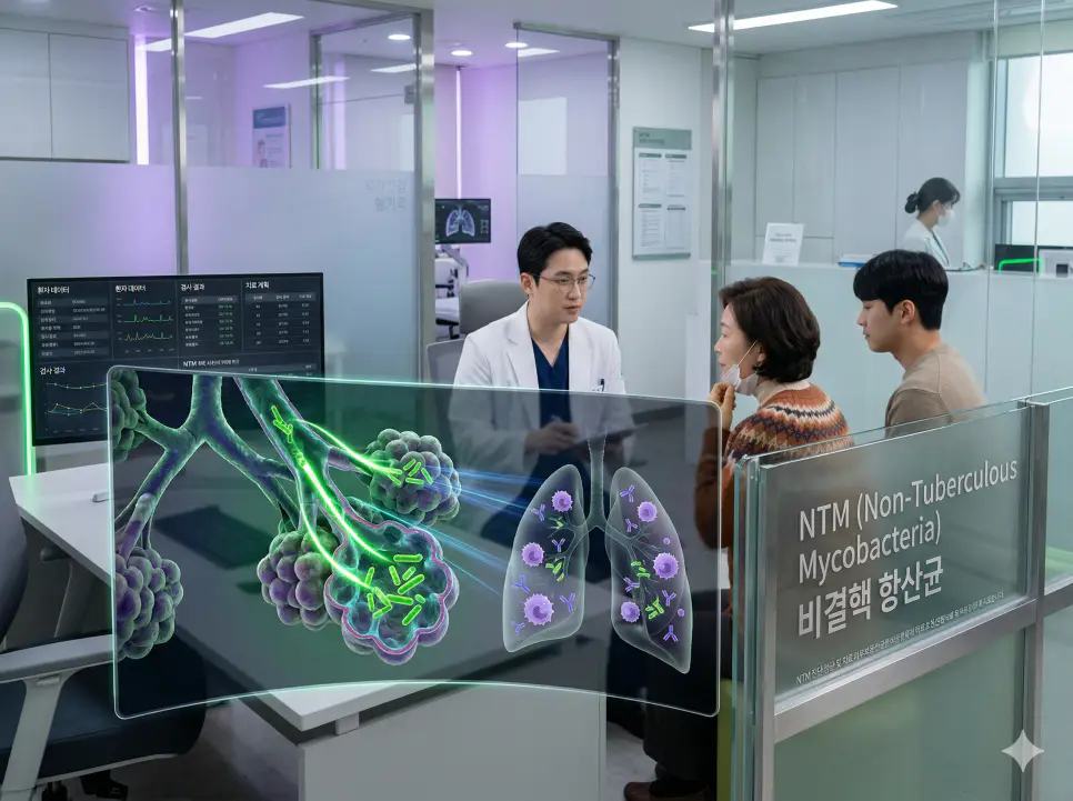 의학용어 NSAID, NSR, NTM 완벽 가이드 3 의학용어 NTM(비결핵 항산균)이 호흡기를 통해 침입하여 폐포 내벽에 만성적인 염증을 유발하고 폐 질환을 일으키는 병태생리 기전 시각화 이미지