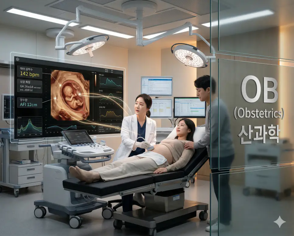 의학용어 OA, OB, OCD 완벽 가이드 2 의학용어 OB(산과학) 검사를 위해 초음파 장비를 활용하여 자궁 내 태아의 발달 상태, 심장 박동, 성장 수치를 정밀하게 측정하고 모니터링하는 이미지