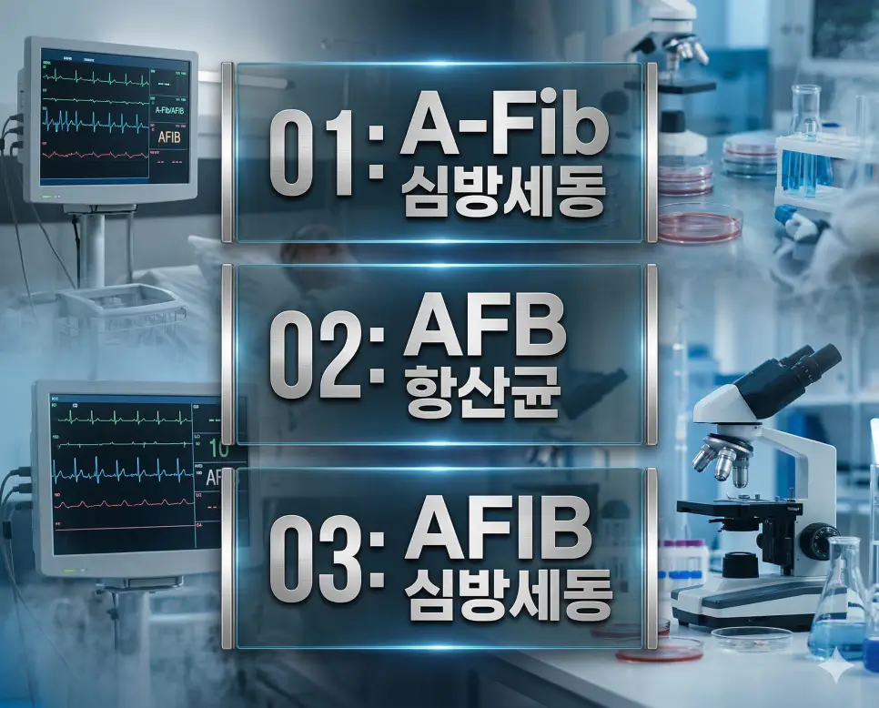 의학용어 A-Fib, AFB, AFIB 4 의학용어 A-Fib, AFB, AFIB의 의미를 세련된 포스터 스타일로 담은 프리미엄 의료 인포그래픽
