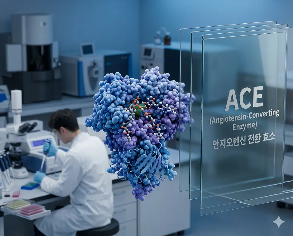 의학용어 ACE(안지오텐신 전환 효소)의 의미와 분자 구조 이미지가 어우러진 실험실 배경의 의료 이미지
