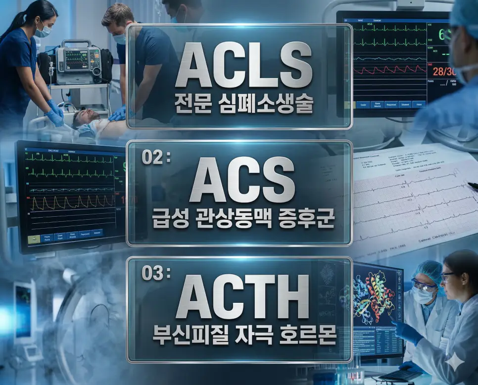 의학용어 ACLS, ACS, ACTH 4 의학용어 ACLS, ACS, ACTH의 의미를 세련된 포스터 스타일로 담은 프리미엄 의료 인포그래픽
