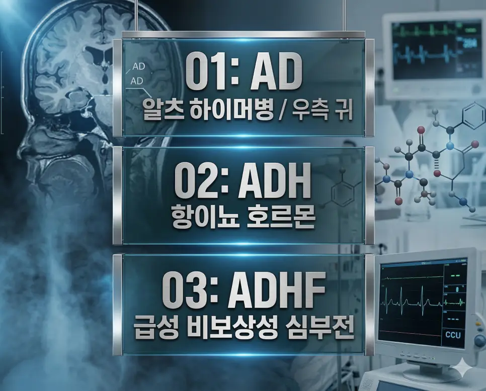 의학용어 AD, ADH, ADHF의 의미를 세련된 포스터 스타일로 담은 프리미엄 의료 인포그래픽