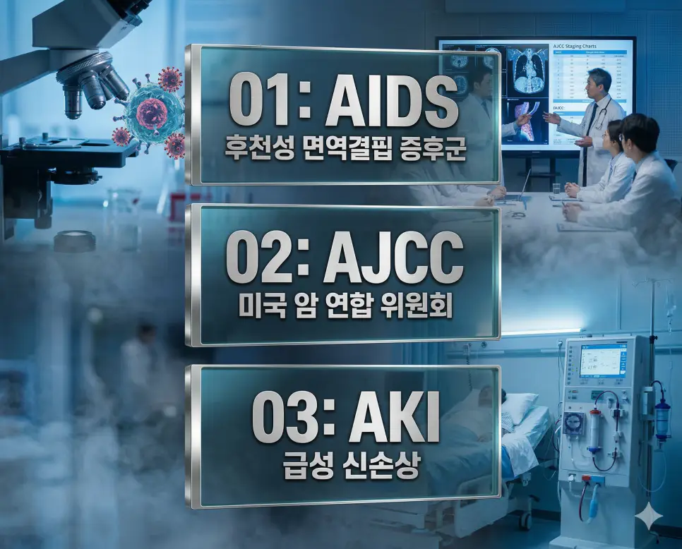의학용어 AIDS, AJCC, AKI 4 의학용어 AIDS, AJCC, AKI의 의미를 세련된 포스터 스타일로 담은 프리미엄 의료 인포그래픽