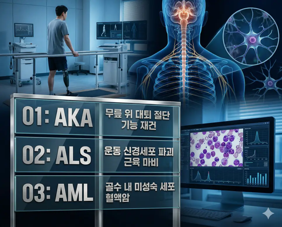 의학용어 AKA, ALS, AML 완벽 가이드 4 의학용어 AKA, ALS, AML의 정의와 무릎 위 대퇴 절단 기능 재건, 운동 신경세포 파괴 근육 마비, 골수 내 미성숙 세포 혈액암의 핵심 특징을 영화 포스터 스타일로 정리한 프리미엄 인포그래픽