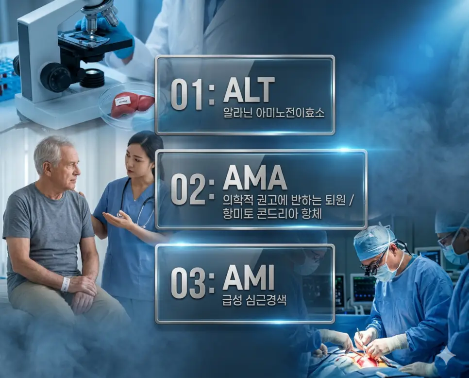 의학용어 ALT, AMA, AMI 4 의학용어 ALT, AMA, AMI의 의미를 직관적인 의료 이미지들과 함께 세련된 포스터 스타일로 담은 프리미엄 인포그래픽