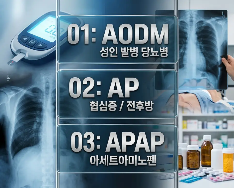 의학용어 AODM, AP, APAP 4 의학용어 AODM, AP, APAP의 의미를 직관적인 의료 이미지들과 함께 세련된 포스터 스타일로 담은 프리미엄 인포그래픽