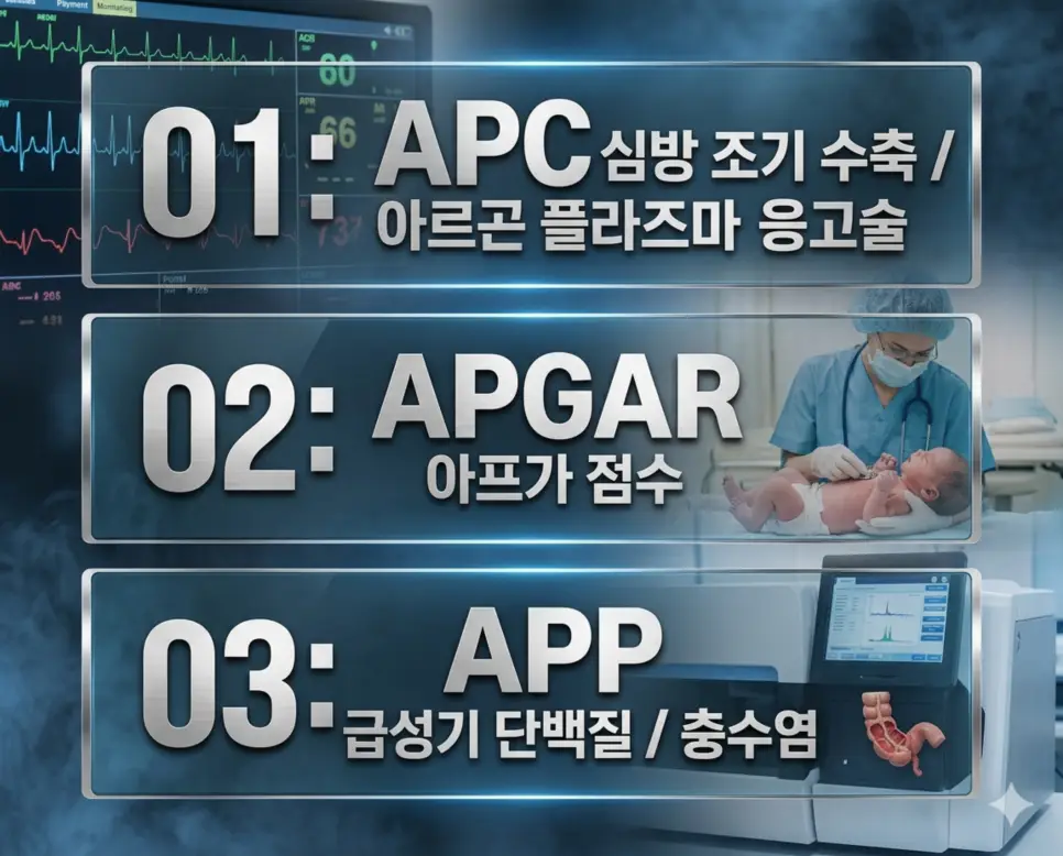 의학용어 APC, APGAR, APP의 의미를 직관적인 의료 이미지들과 함께 세련된 포스터 스타일로 담은 프리미엄 인포그래픽