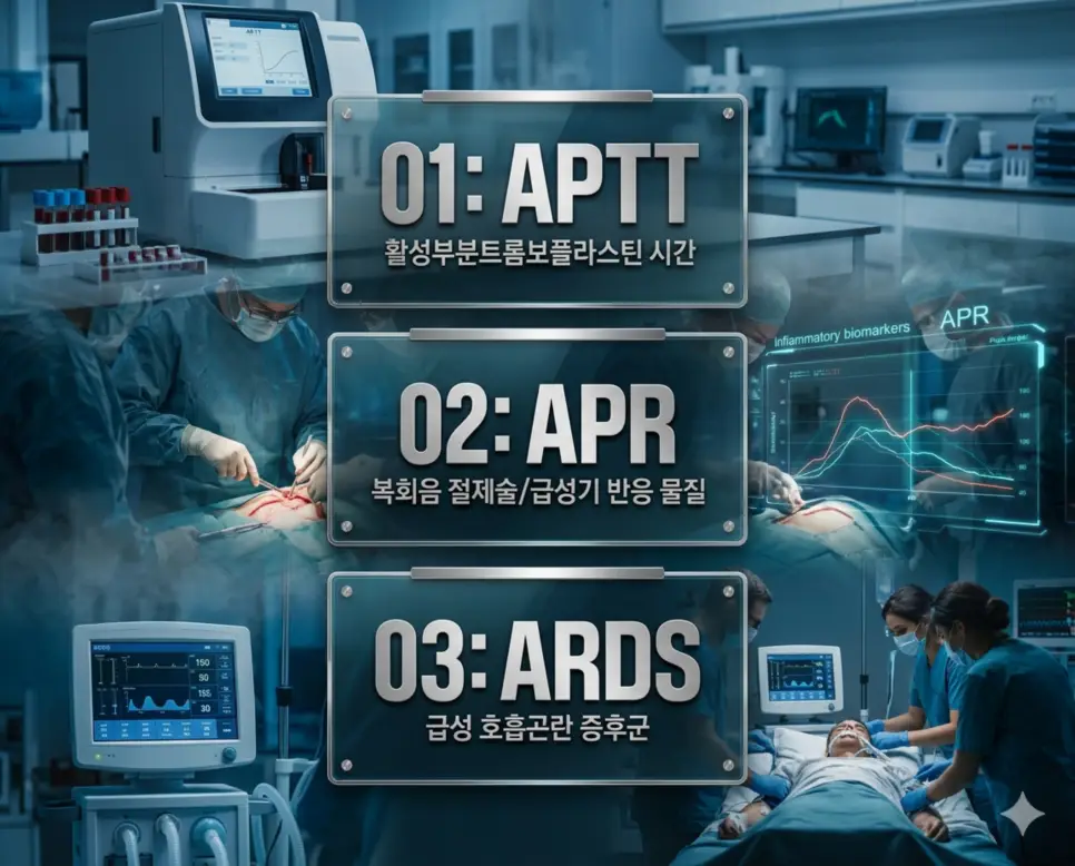의학용어 APTT, APR, ARDS의 의미를 세련된 포스터 스타일로 담은 프리미엄 의료 인포그래픽