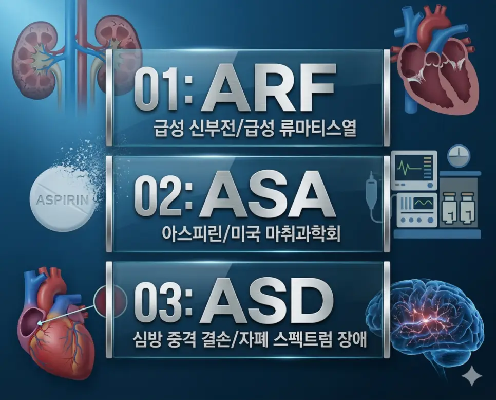 의학용어 ARF, ASA, ASD 4 의학용어 ARF, ASA, ASD의 핵심 의미를 한눈에 정리한 세련된 포스터 디자인의 인포그래픽