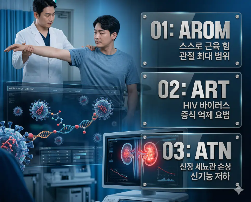 의학용어 AROM, ART, ATN의 정의와 스스로 근육 힘 관절 최대 범위, HIV 바이러스 증식 억제 요법, 신장 세뇨관 손상 신기능 저하의 핵심 특징을 영화 포스터 스타일로 정리한 프리미엄 인포그래픽