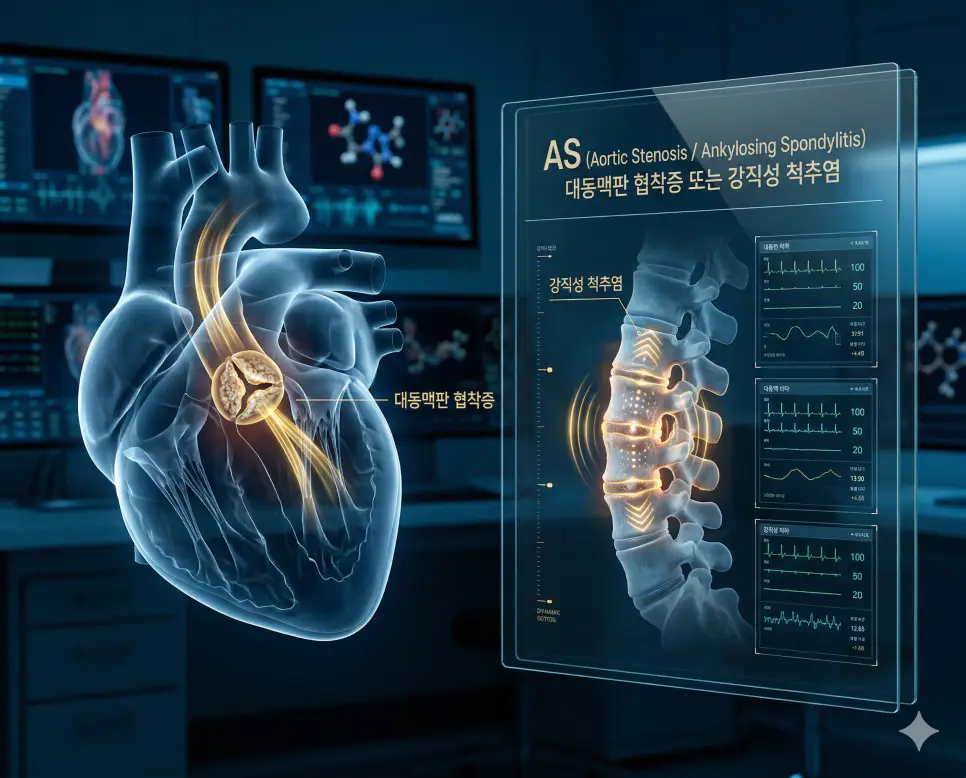 의학용어 ARMD, ARC, AS 뜻 완벽 정리 3 의학용어 AS(대동맥판 협착증 또는 강직성 척추염) 기전을 통해 심장에서 전신으로 나가는 판막이 굳어 좁아진 상태(왼쪽)와 척추 마디가 굳어지는 만성 염증성 질환(오른쪽)을 동시에 시각화한 병태생리 이미지