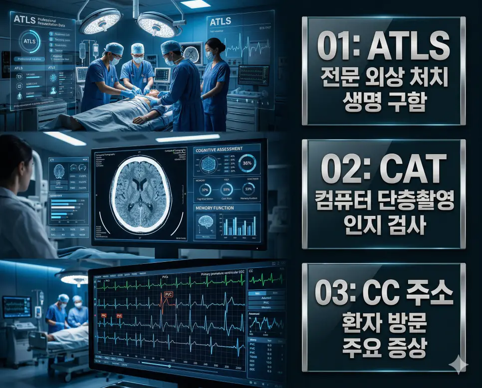 의학용어 ATLS, CAT, CC 완벽 가이드 4 의학용어 ATLS, CAT, CC의 정의와 전문 외상 처치 생명 구함, 컴퓨터 단층촬영 인지 검사, 주소 환자 방문 주요 증상의 핵심 특징을 영화 포스터 스타일로 정리한 프리미엄 인포그래픽