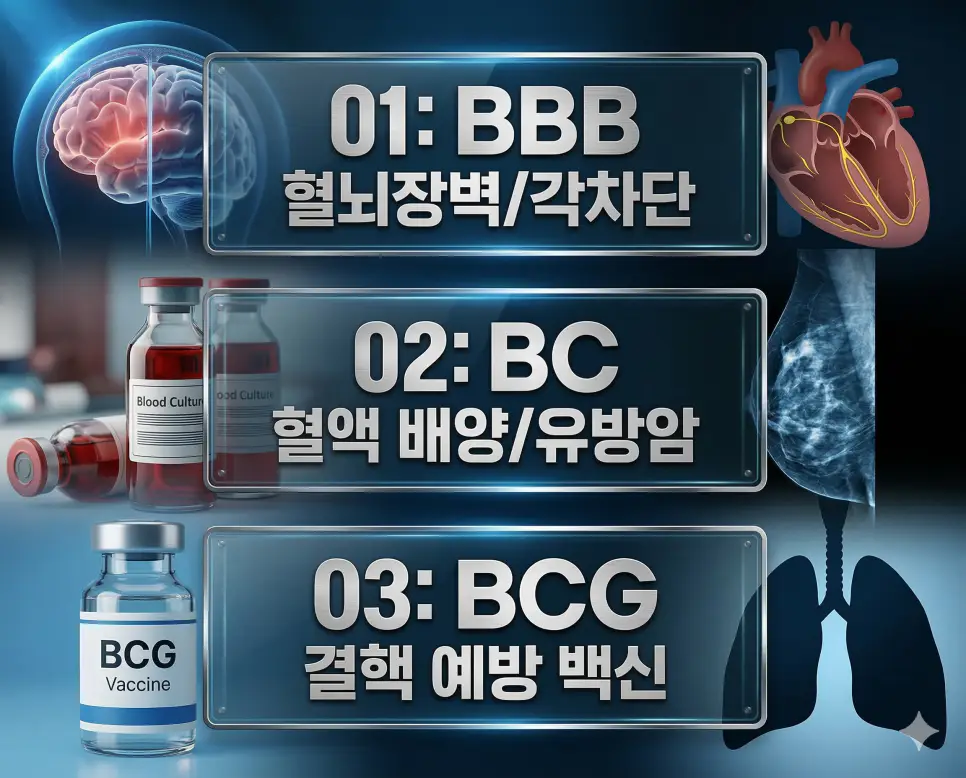 의학용어 BBB, BC, BCG 4 의학용어 BBB, BC, BCG의 핵심 정의와 시각적 요소를 포스터 스타일로 정리한 프리미엄 인포그래픽