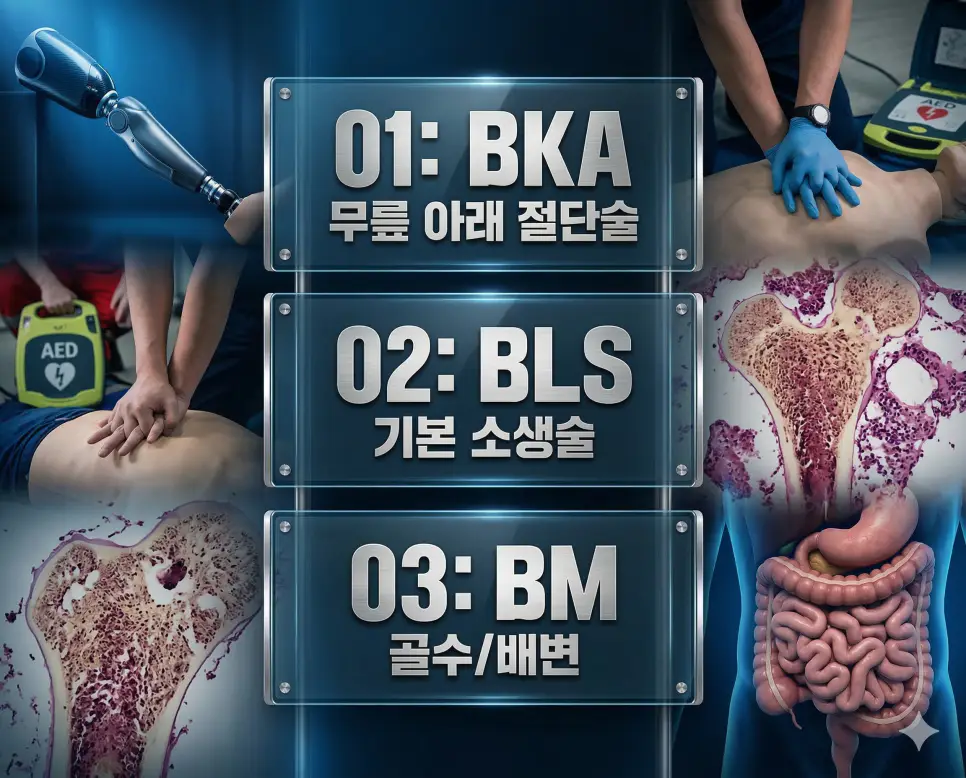의학용어 BKA, BLS, BM 4 의학용어 BKA, BLS, BM의 정의와 임상적 중요성을 세련된 포스터 스타일로 정리한 프리미엄 인포그래픽