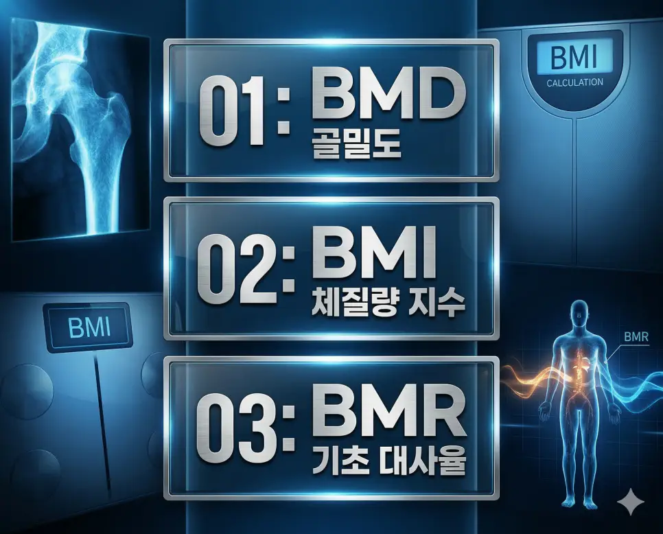 의학용어 BMD, BMI, BMR 4 의학용어 BMD, BMI, BMR의 핵심 정의와 건강 관리 지표를 세련된 포스터 스타일로 정리한 인포그래픽