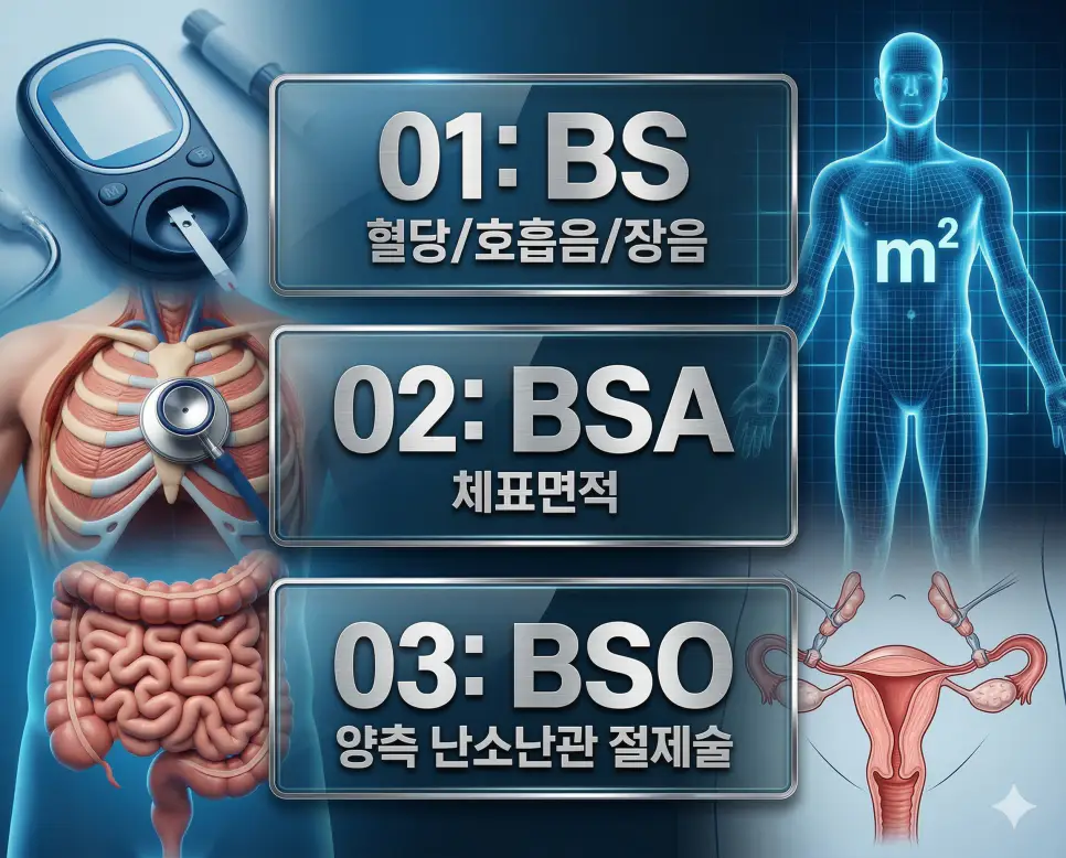 의학용어 BS, BSA, BSO 완벽 가이드 4 의학용어 BS, BSA, BSO의 핵심 정의와 특징을 영화 포스터 스타일로 정리한 프리미엄 의료 인포그래픽