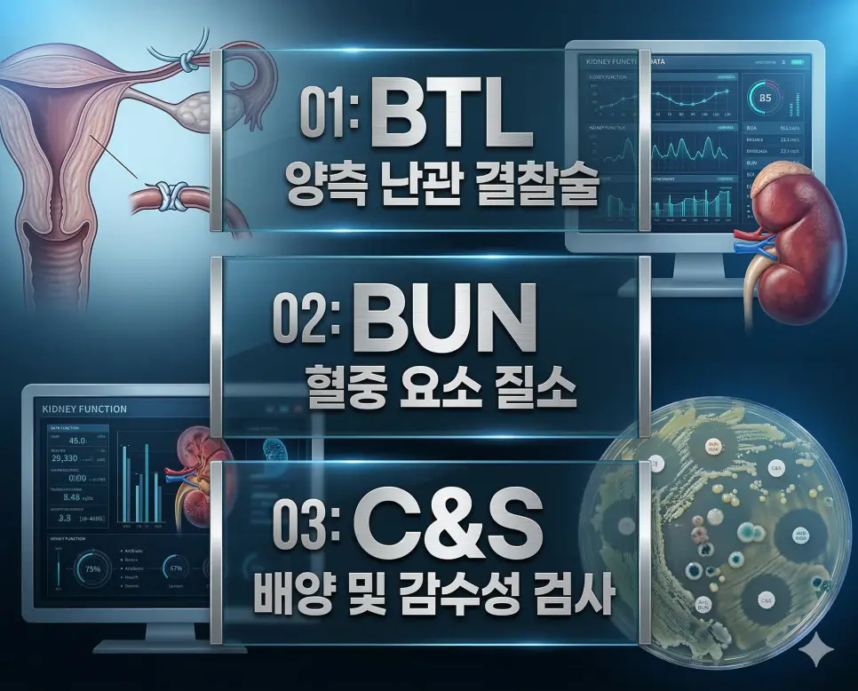 의학용어 BTL, BUN, C&S의 핵심 정의와 특징을 영화 포스터 스타일로 정리한 프리미엄 의료 인포그래픽