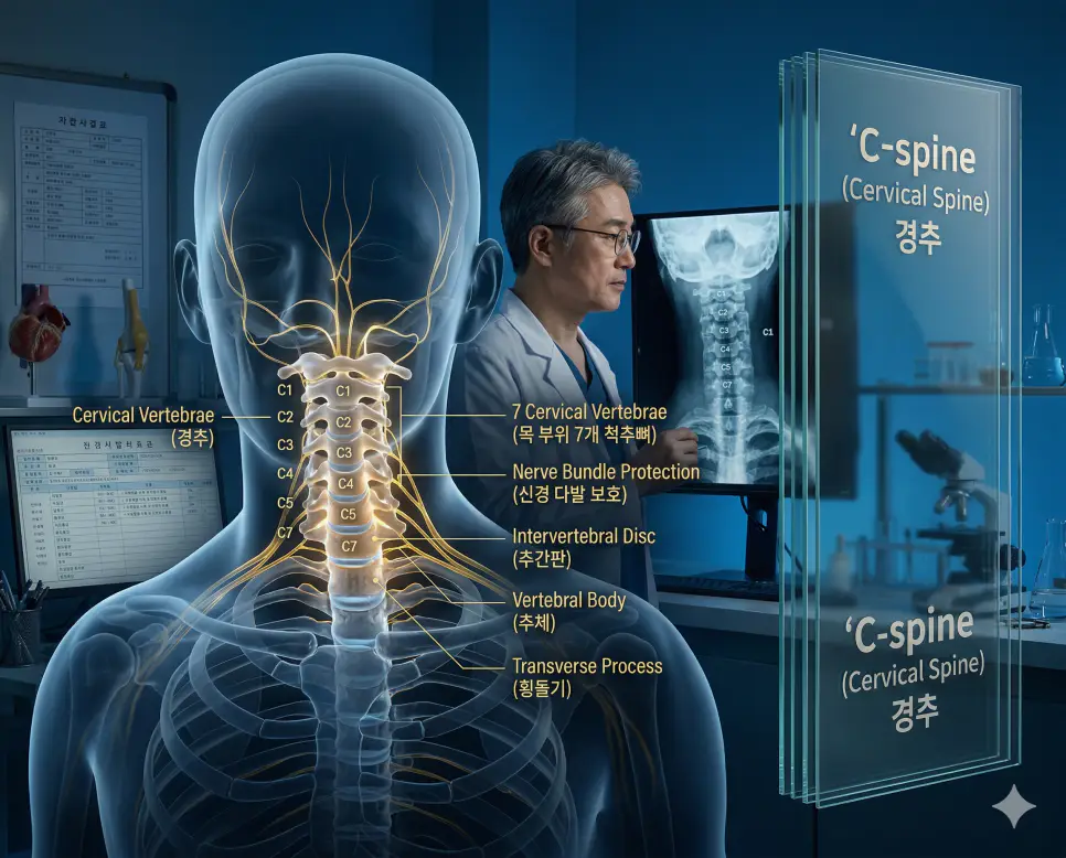 의학용어 C-spine(경추) 기전을 통해 머리를 지탱하고 뇌에서 내려오는 신경 다발을 보호하는 목 부위 일곱 개 척추뼈의 해부학적 구조를 한국인 환자의 데이터와 함께 시각화한 이미지