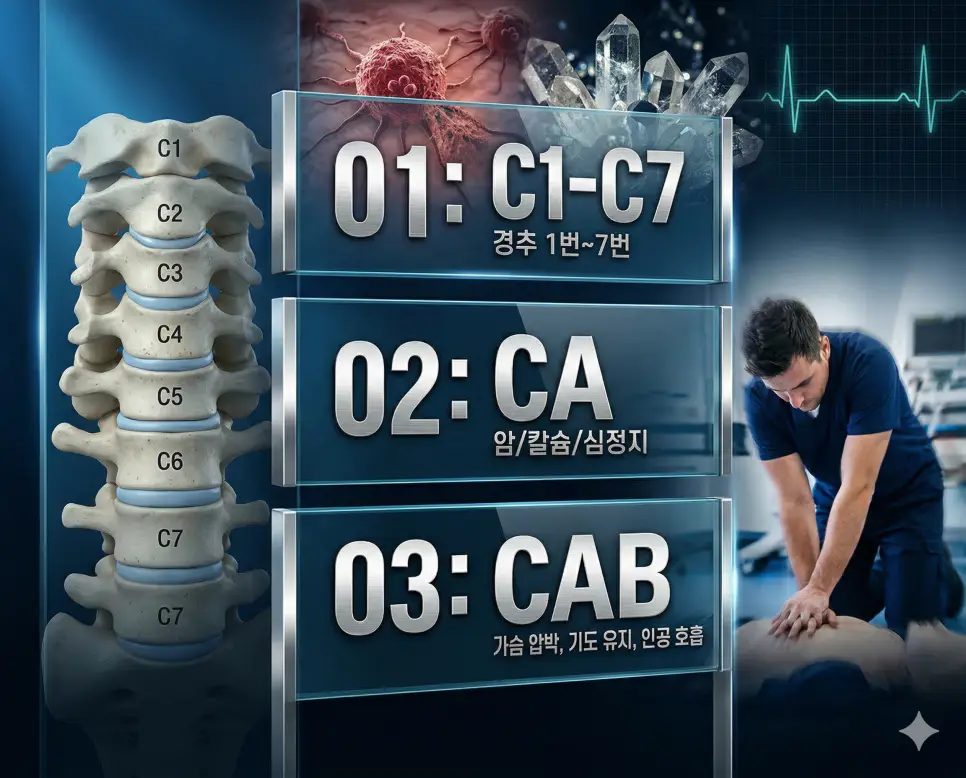 의학용어 C1-C7, CA, CAB 완벽 가이드 4 의학용어 C1-C7, CA, CAB의 핵심 정의와 응급/해부학적 특징을 영화 포스터 스타일로 정리한 인포그래픽
