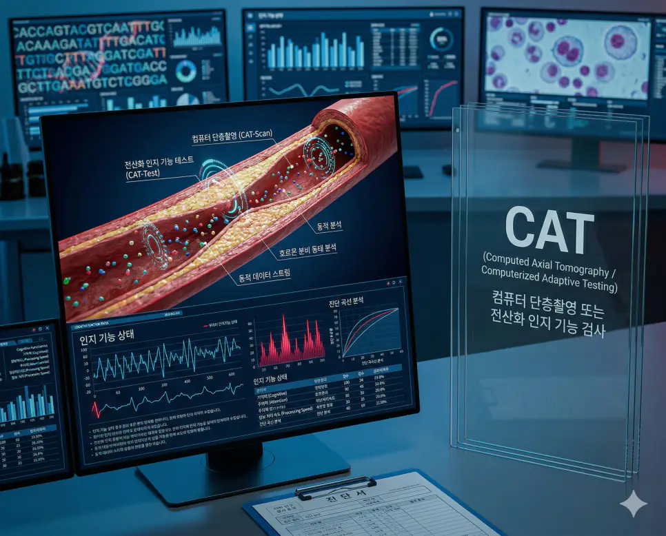 의학용어 ATLS, CAT, CC 완벽 가이드 2 의학용어 CAT(컴퓨터 단층촬영 또는 전산화 인지 기능 검사) 기전을 통해 엑스레이를 이용하여 신체 내부를 단면으로 촬영하거나 한국인 환자의 인지 기능 저하 상태를 전산화 검사로 판별하는 병태생리 기전 이미지