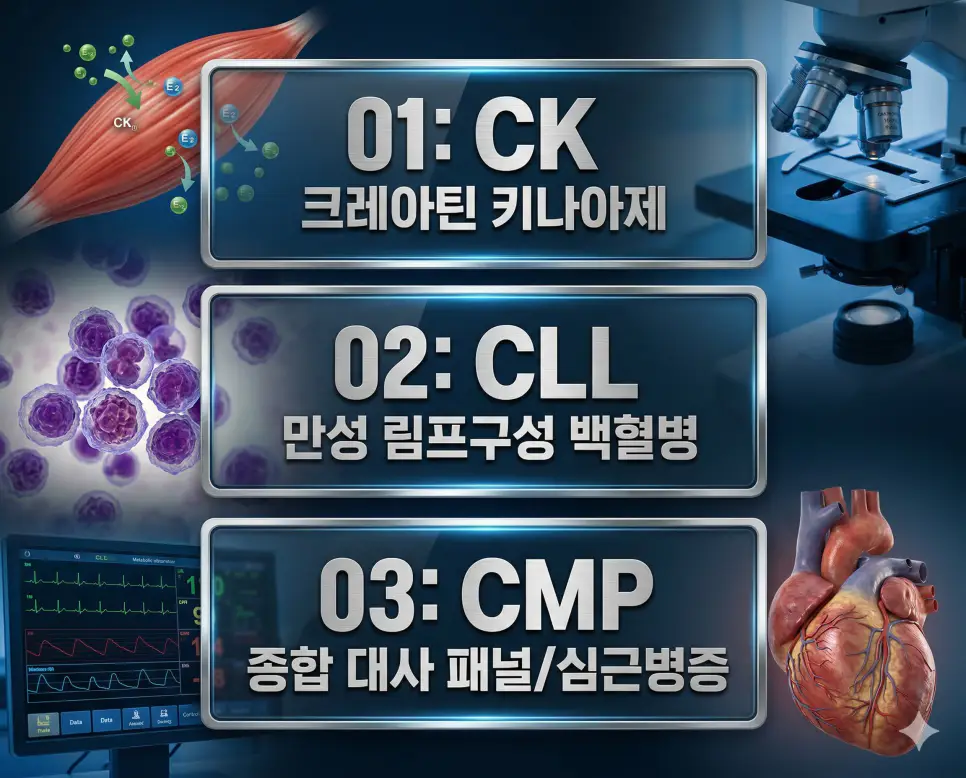 의학용어 CK, CLL, CMP의 핵심 정의와 임상 정보를 세련된 영화 포스터 스타일로 정리한 프리미엄 의료 인포그래픽
