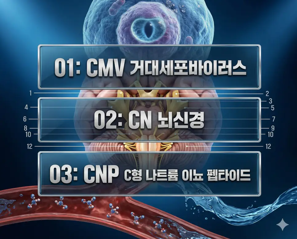 의학용어 CMV, CN, CNP 완벽 가이드 4 의학용어 CMV, CN, CNP의 정의와 핵심 임상 정보를 세련된 영화 포스터 스타일로 정리한 프리미엄 의료 인포그래픽