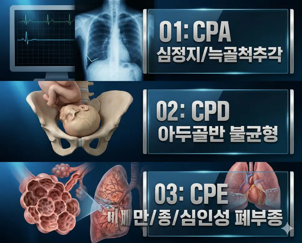의학용어 CPA, CPD, CPE의 정의와 응급/임상적 특징을 영화 포스터 스타일로 정리한 프리미엄 의료 인포그래픽