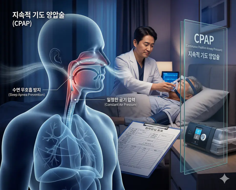 의학용어 CPAP(지속적 기도 양압술) 기전을 통해 수면 중 한국인 환자의 기도가 막히지 않도록 일정한 압력의 공기를 불어넣어 무호흡을 방지하는 비침습적 치료 과정을 시각화한 이미지