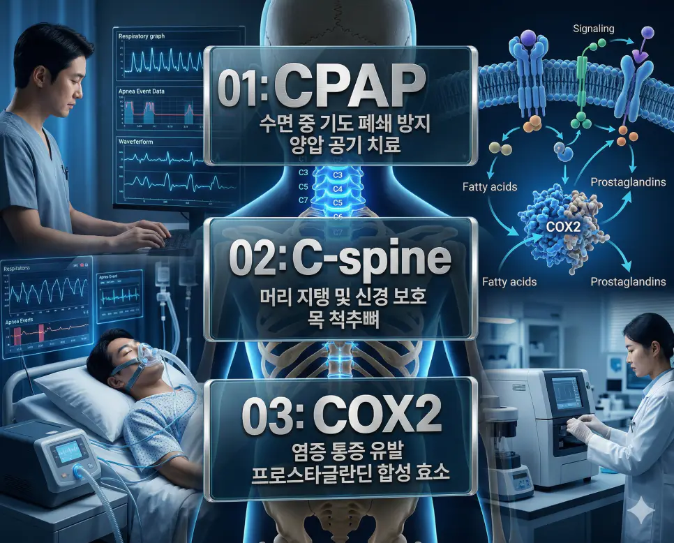 의학용어 CPAP, C-spine, COX2의 정의와 수면 중 기도 폐쇄 방지 양압 공기 치료, 머리 지탱 및 신경 보호 목 척추뼈, 염증 통증 유발 프로스타글란딘 합성 효소의 핵심 특징을 영화 포스터 스타일로 정리한 프리미엄 인포그래픽