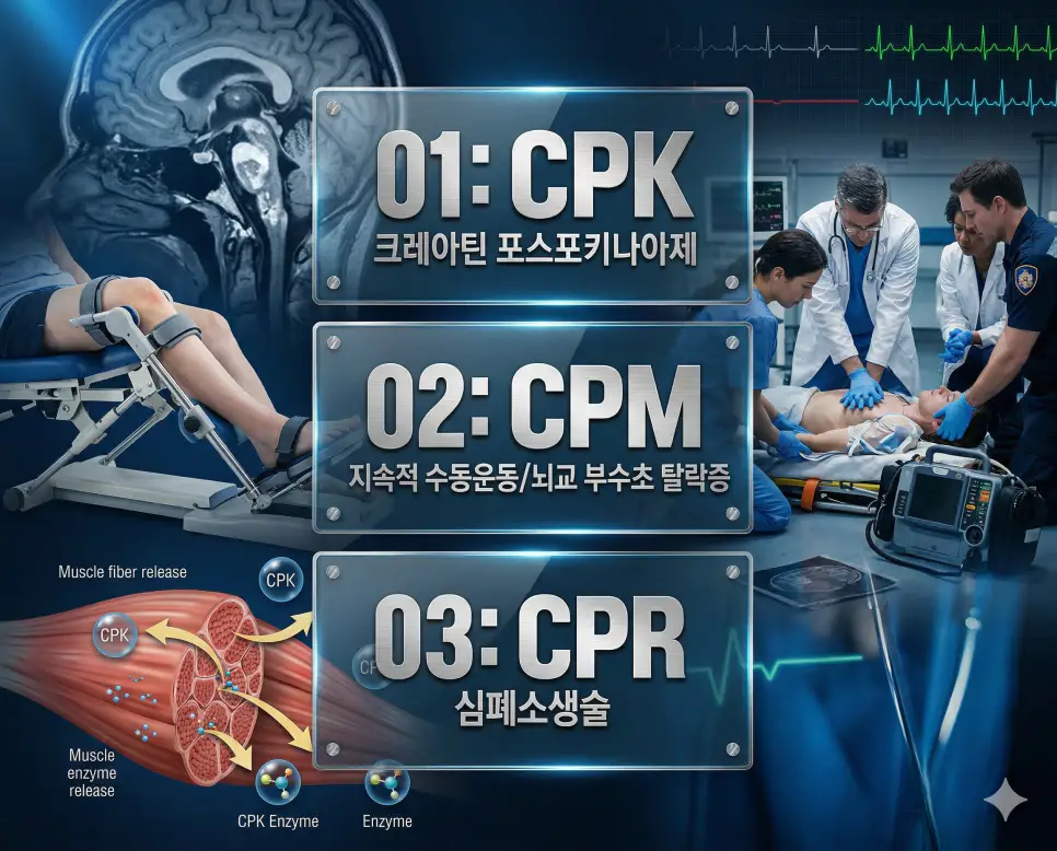 의학용어 CPK, CPM, CPR 완벽 가이드 4 의학용어 CPK, CPM, CPR의 정의와 주요 임상 정보를 세련된 영화 포스터 스타일로 정리한 프리미엄 의료 인포그래픽