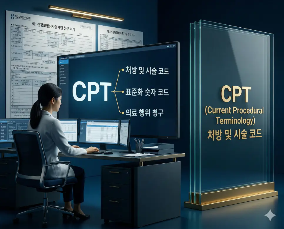 의학용어 CPT(처방 및 시술 코드) 기전을 통해 의료진이 시행한 각종 검사와 수술 등 의료 행위를 건강보험 청구를 위해 표준화된 숫자 코드로 변환하고 관리하는 행정 과정을 시각화한 이미지