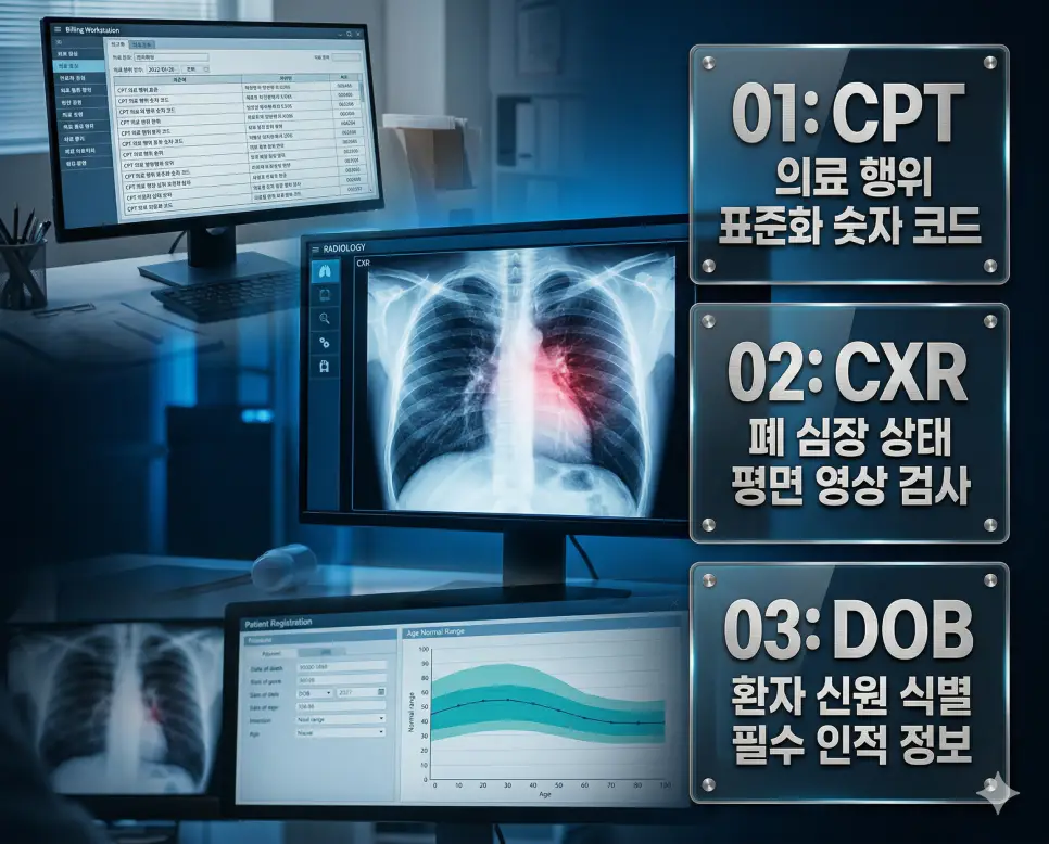 의학용어 CPT, CXR, DOB의 정의와 의료 행위 표준화 숫자 코드, 폐 심장 상태 평면 영상 검사, 환자 신원 식별 필수 인적 정보의 핵심 특징을 영화 포스터 스타일로 정리한 프리미엄 인포그래픽