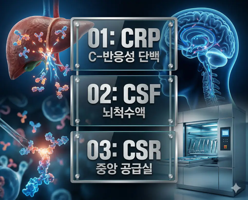 의학용어 CRP, CSF, CSR 완벽 가이드 4 의학용어 CRP, CSF, CSR의 정의와 주요 의학적 특징을 영화 포스터 스타일로 정리한 프리미엄 의료 인포그래픽