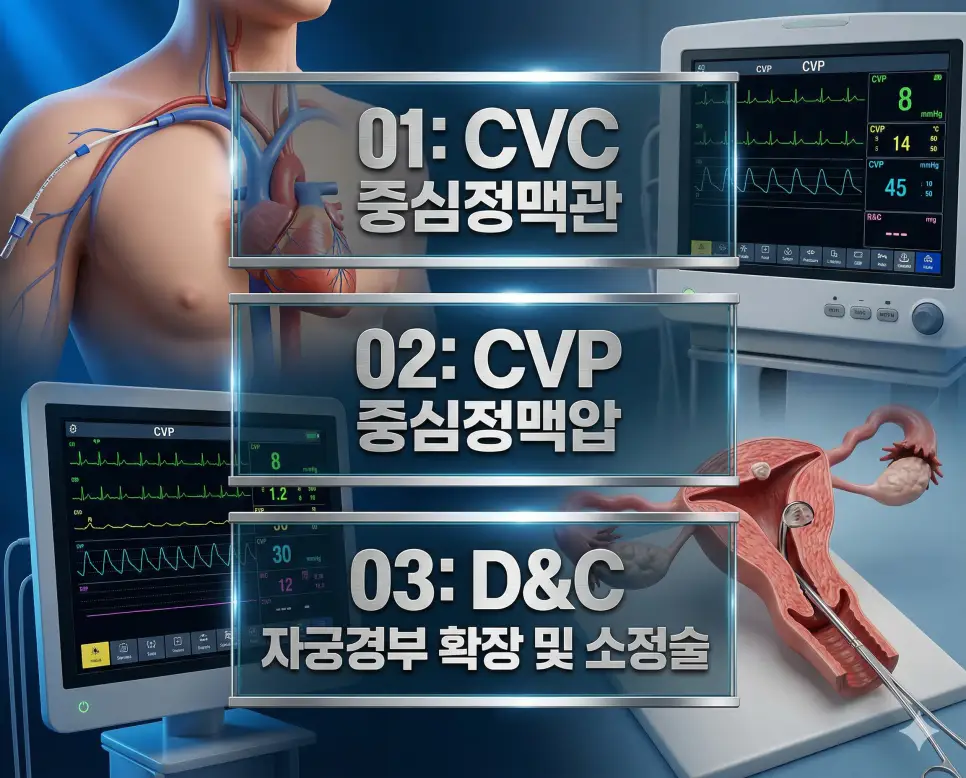 의학용어 CVC, CVP, D&C의 정의와 주요 의학적 특징을 영화 포스터 스타일로 정리한 프리미엄 의료 인포그래픽