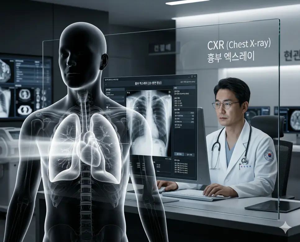 의학용어 CXR(흉부 엑스레이) 기전을 통해 방사선을 가슴 부위에 투사하여 한국인 환자의 폐, 심장, 대혈관 등의 상태를 평면 영상으로 확인하는 가장 기초적인 영상 검사 과정을 시각화한 이미지