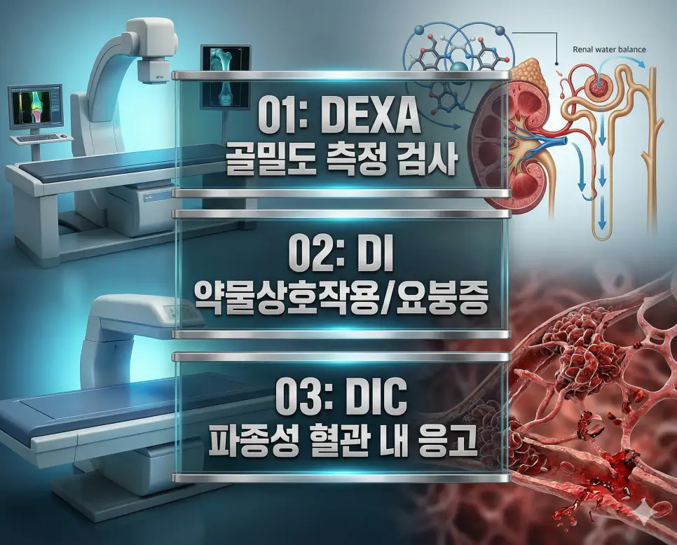 의학용어 DEXA, DI, DIC 완벽 가이드 4 의학용어 DEXA, DI, DIC의 정의와 주요 골다공증, 약물, 응고 장애의 특징을 영화 포스터 스타일로 정리한 프리미엄 인포그래픽