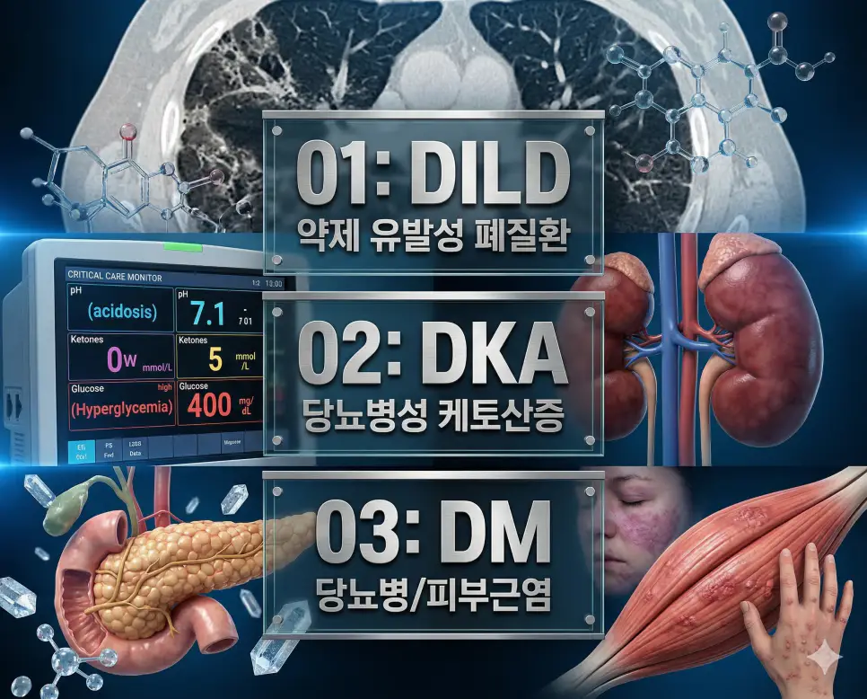 의학용어 DILD, DKA, DM 완벽 가이드 4 의학용어 DILD, DKA, DM의 정의와 주요 약물 부작용, 대사 합병증, 피부 질환의 특징을 영화 포스터 스타일로 정리한 프리미엄 인포그래픽