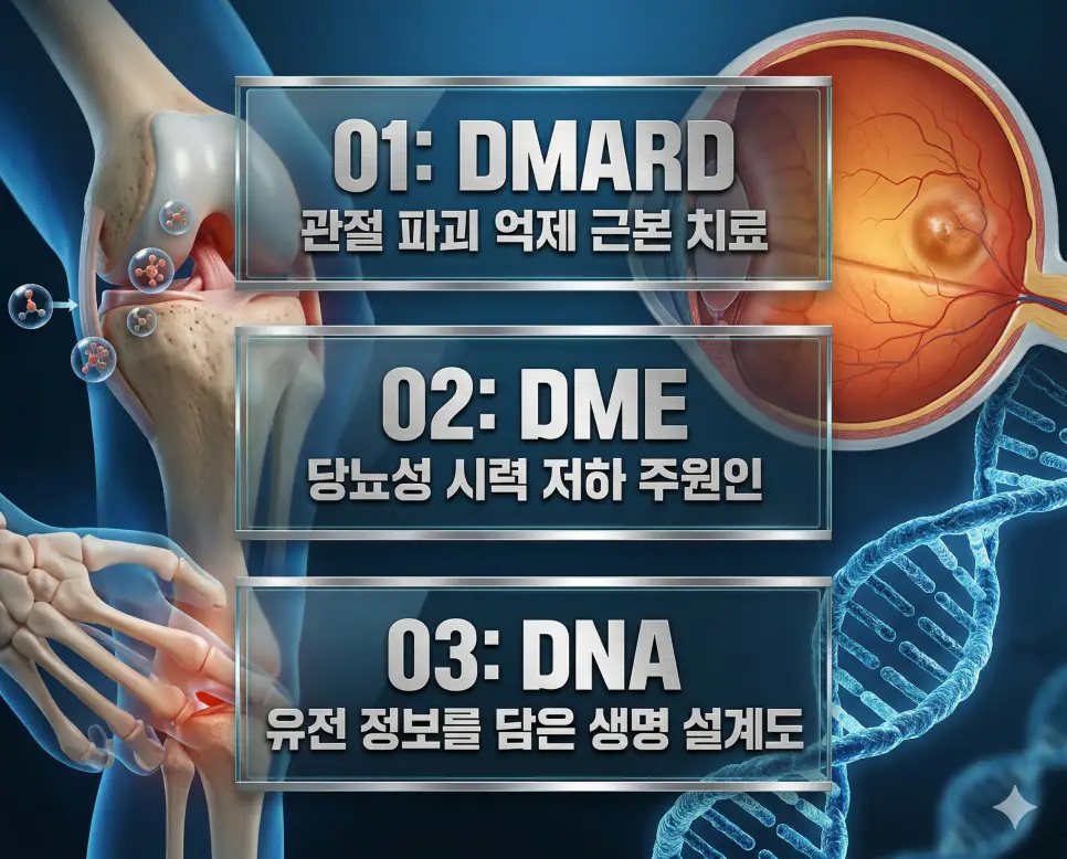 의학용어 DMARD, DME, DNA 완벽 가이드 4 의학용어 DMARD, DME, DNA의 정의와 주요 류마티스 치료, 당뇨 합병증, 유전 질환의 특징을 영화 포스터 스타일로 정리한 프리미엄 인포그래픽