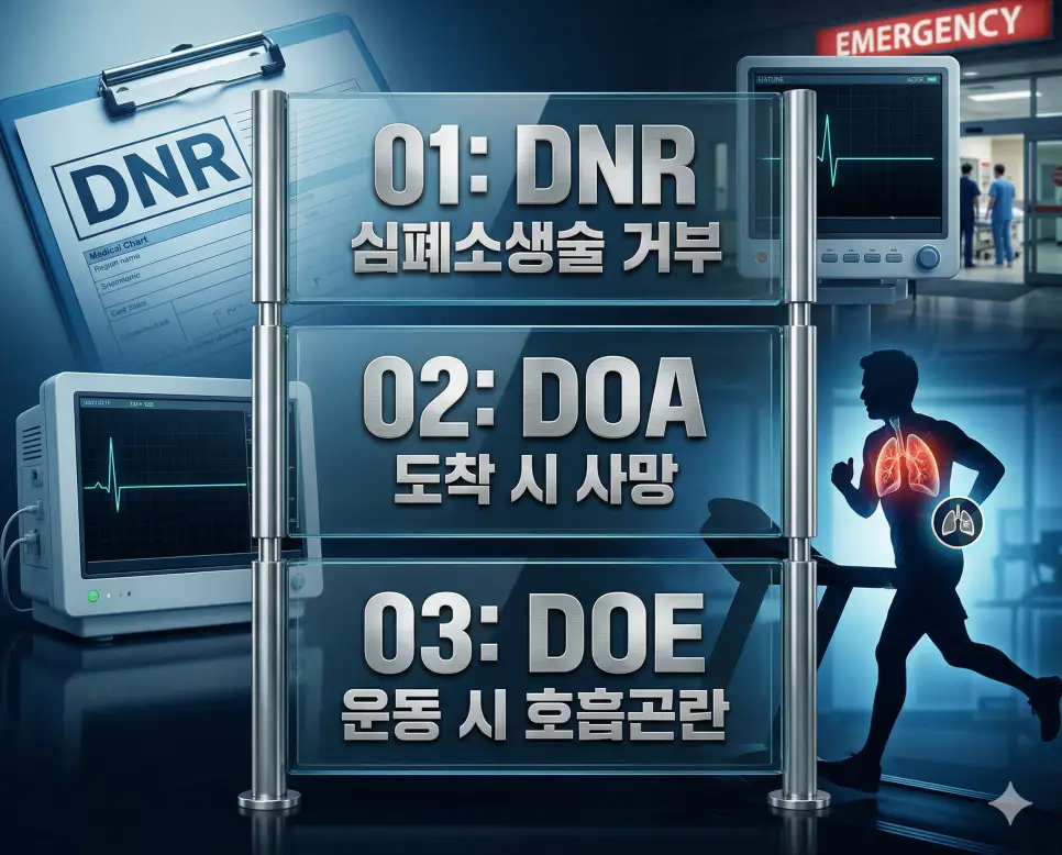 의학용어 DNR, DOA, DOE 완벽 가이드 4 의학용어 DNR, DOA, DOE의 정의와 주요 응급/임상적 특징을 영화 포스터 스타일로 정리한 프리미엄 의료 인포그래픽