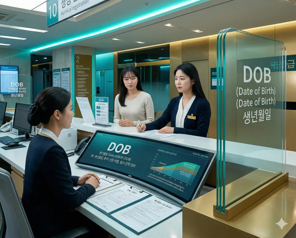 의학용어 DOB(생년월일) 기전을 통해 환자의 신원을 식별하고, 연령에 따른 의학적 정상 수치 범위를 판단하기 위해 필수적인 인적 정보를 확인하는 과정을 시각화한 이미지